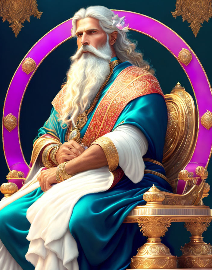 Regal older man in ornate blue & gold robes on golden throne