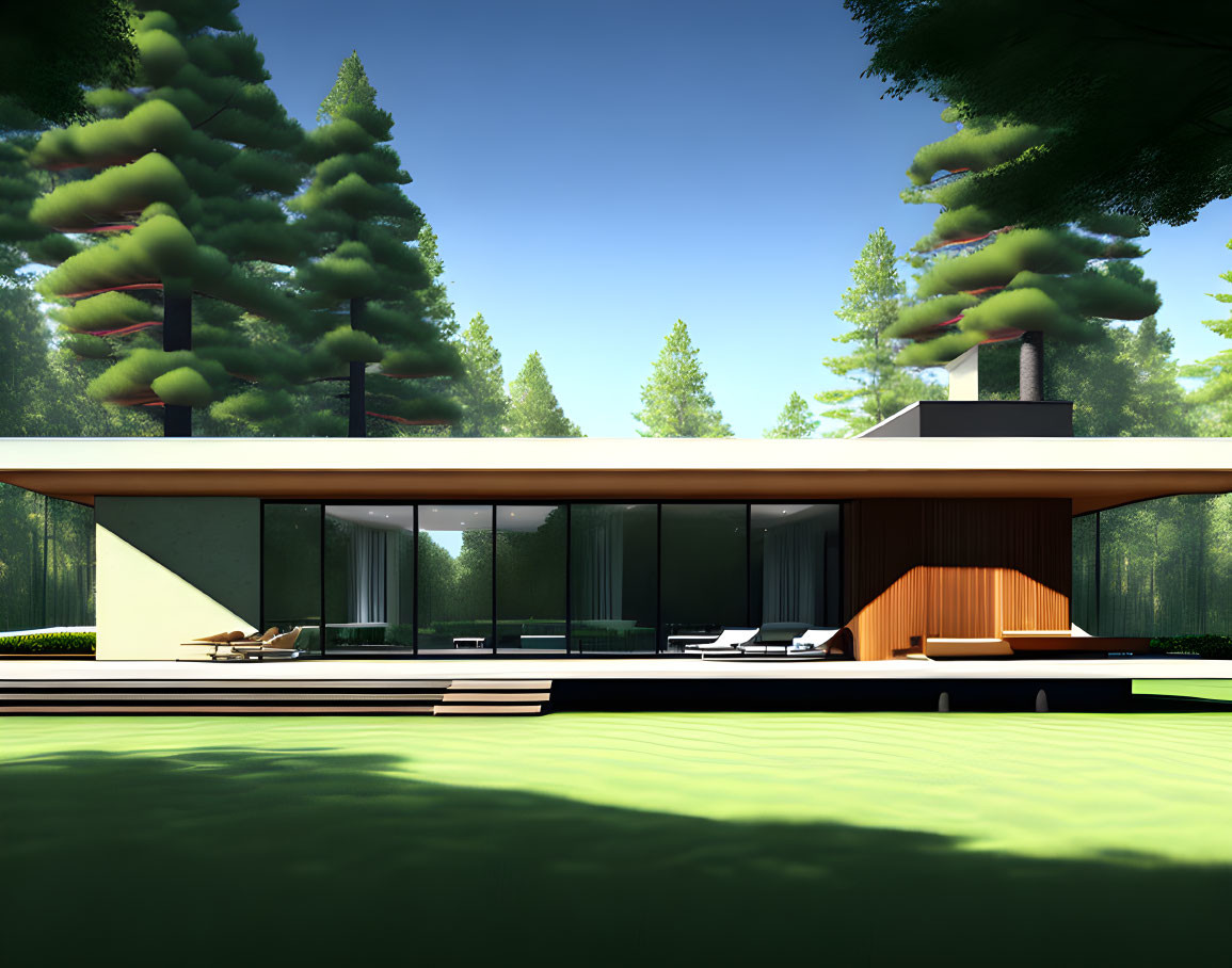 Contemporary House Surrounded by Woods and Patio Furniture