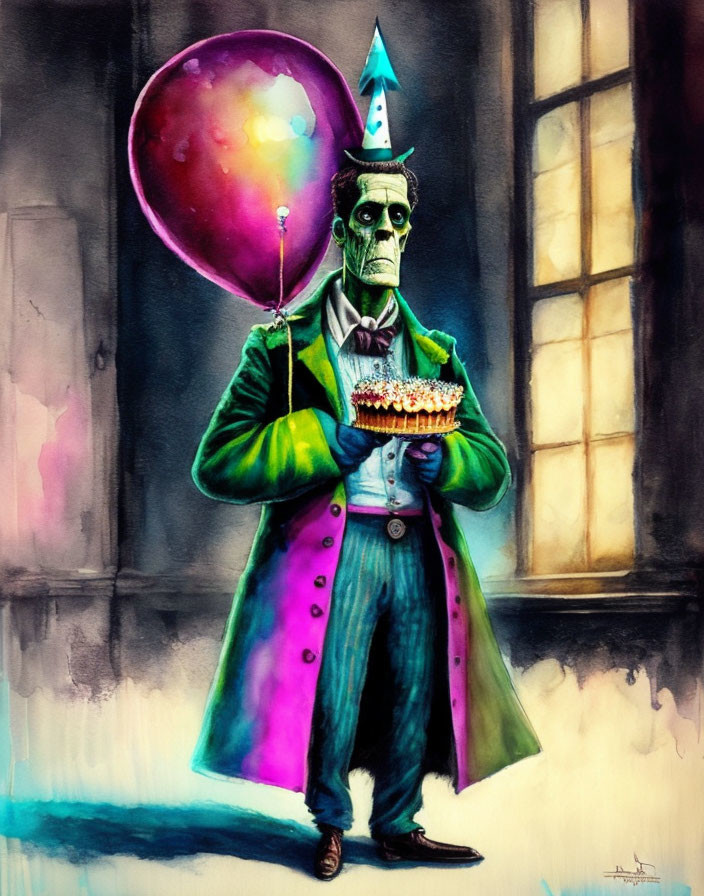 Colorful illustration of somber Frankenstein's monster with party hat, balloon, and cake.