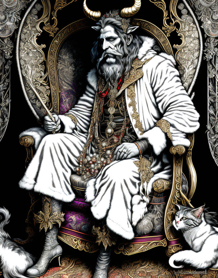 Regal figure in white fur robes on throne with two cats