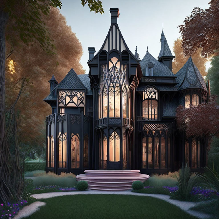 Gothic-inspired house with intricate woodwork and towering peaks at dusk in tranquil garden