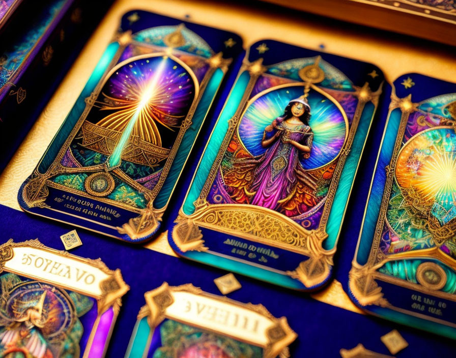 Colorful Tarot Cards with Intricate Designs and Figure Holding Globe in Focus