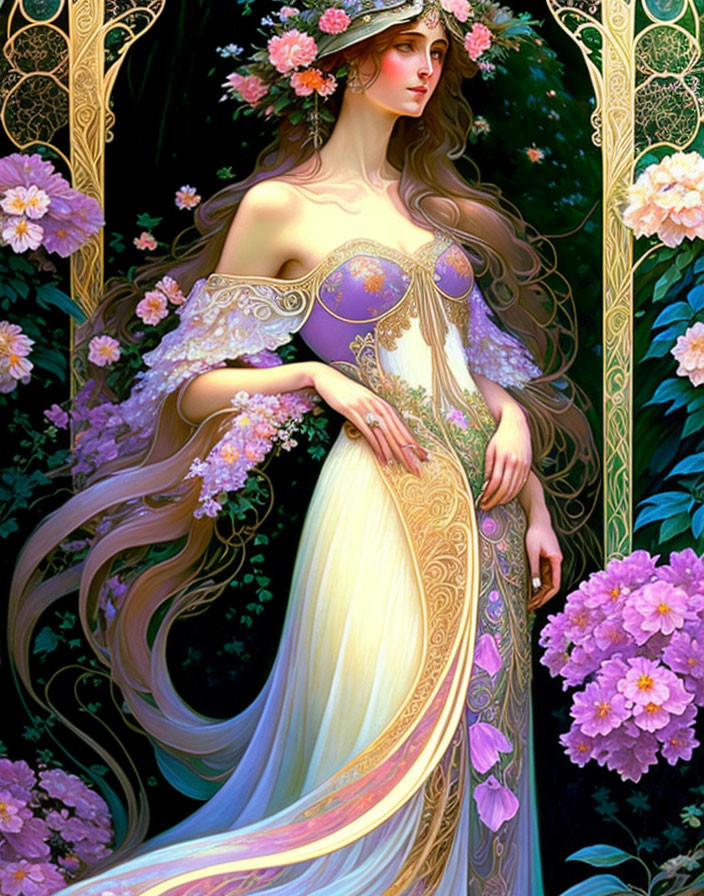 Fantasy illustration of woman in ornate floral dress surrounded by lush purple flowers