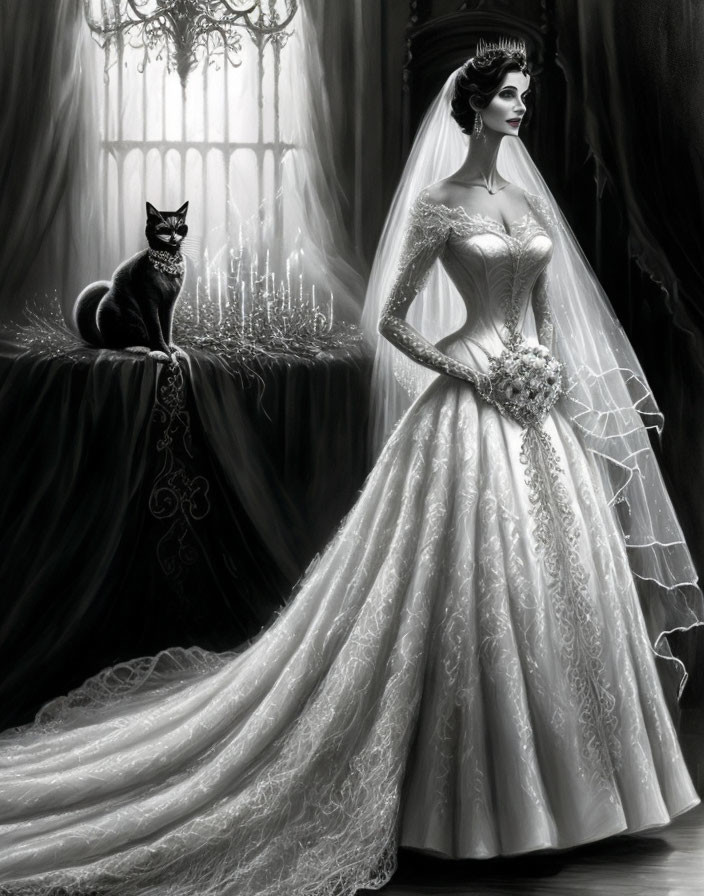 Monochrome illustration of elegant bride in detailed gown with black cat by window