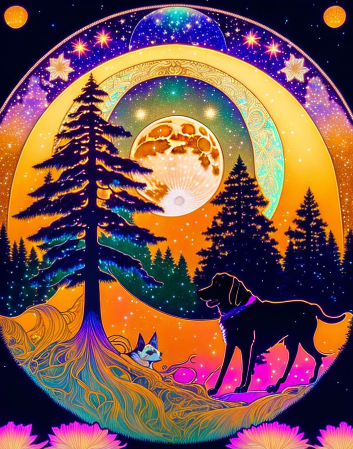 Colorful illustration of tree, dog, fox, moon, stars, and florals in mystical scene