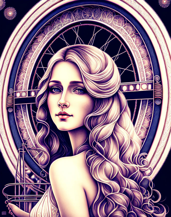 Woman with long wavy hair holding balance scale in zodiac-themed illustration