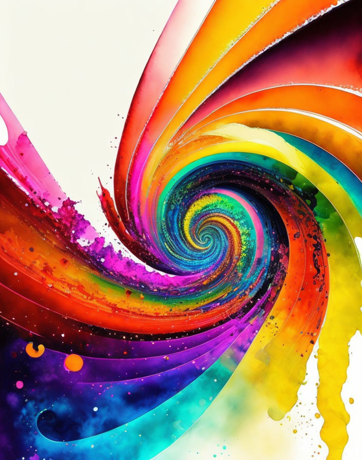 Colorful swirling spiral with paint splatters on white background