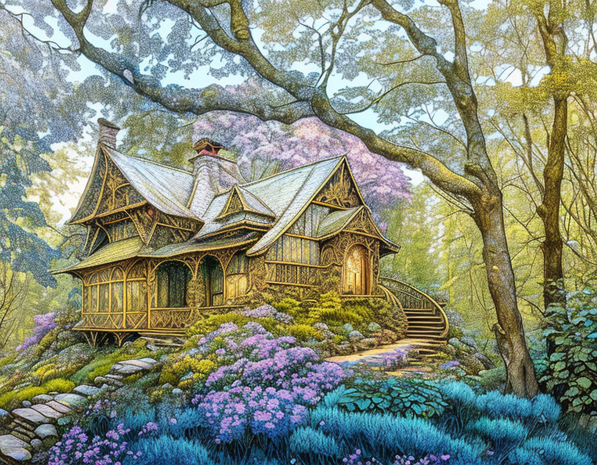 Cozy Forest Cottage Surrounded by Blooming Purple Flowers