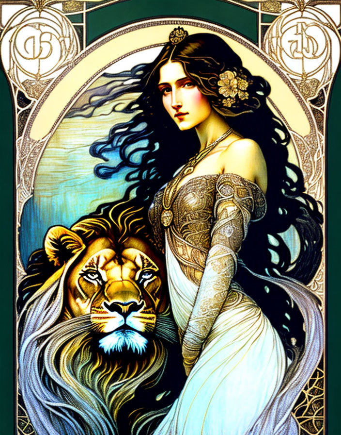 Woman with flowing dark hair in white dress beside lion in Art Nouveau style