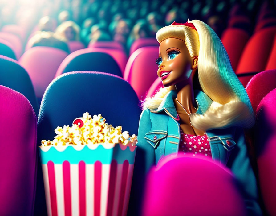 Stylized doll illustration in movie theater with popcorn and colorful seats