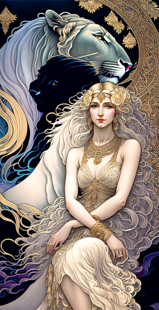 Illustration of woman with golden hair, white and black lions, against blue and gold backdrop