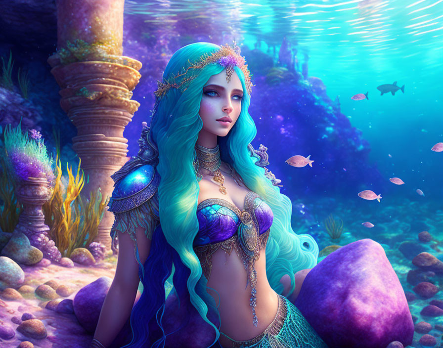 Mermaid Fantasy Illustration with Teal Hair and Elaborate Armor