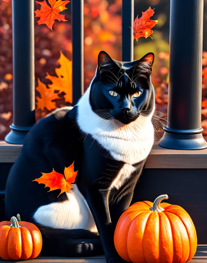 Black and white cat with pumpkins and autumn leaves on porch