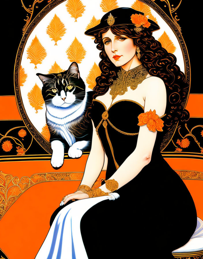 Art Nouveau style woman in black dress with orange accents, adorned with floral decorations and intricate jewelry,