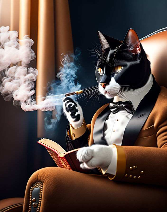 Sophisticated black and white cat in tuxedo reading book in armchair