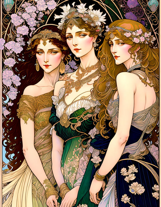 Ethereal women in elegant gowns among blossoming branches