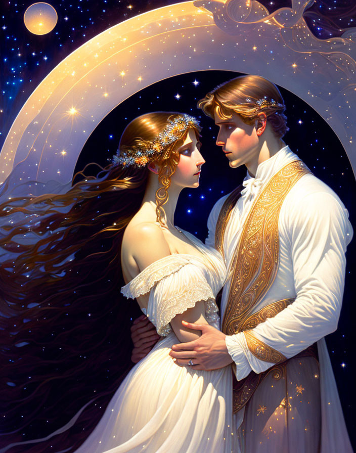 Fantastical illustration of couple embracing in cosmic setting