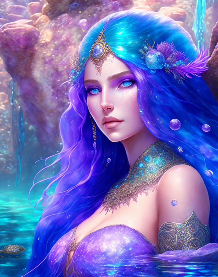 Vibrant Blue-Haired Female Figure with Oceanic Accessories in Water