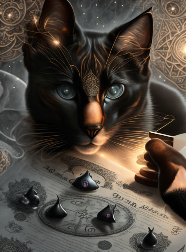 Black Cat beside Ouija Board with Captivating Eyes and Candlelit Symbols