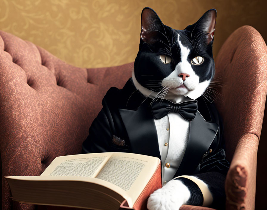 Cat in Tuxedo and Bowtie Reading Book on Ornate Couch