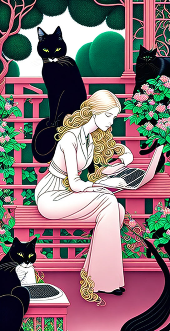 Blonde woman working on laptop with black cats on pink-patterned balcony