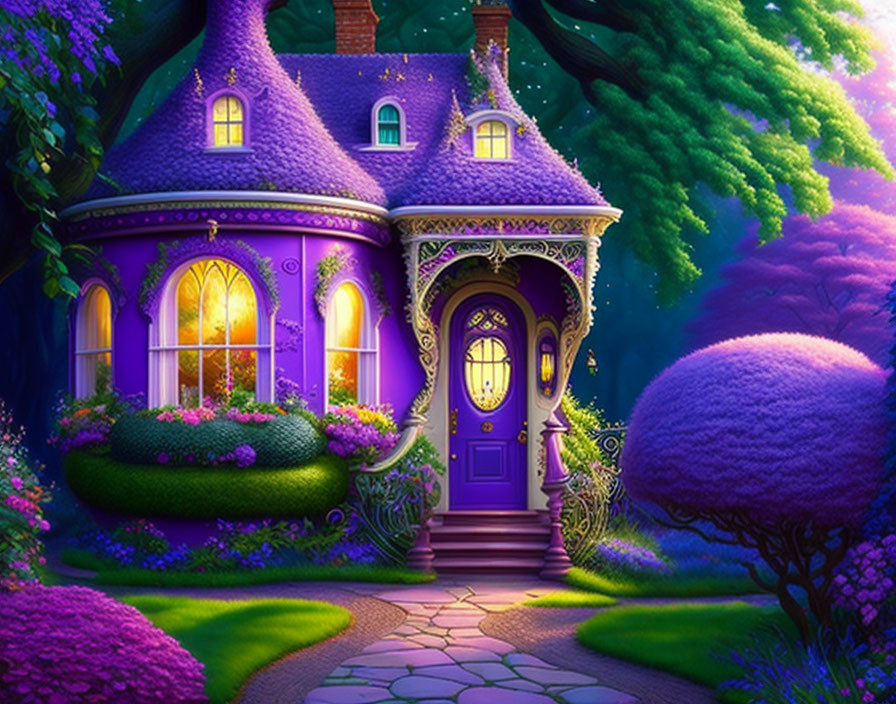 Purple fairytale cottage in twilight garden with shaped bushes