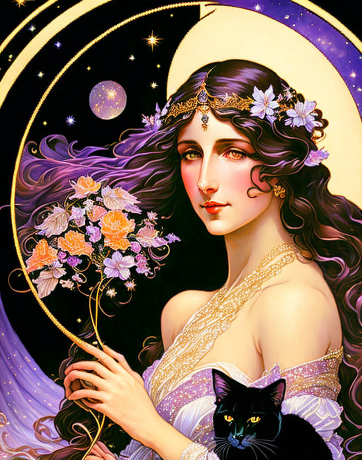 Woman with flowers in hair, holding branch, crescent moon, stars, black cat illustration