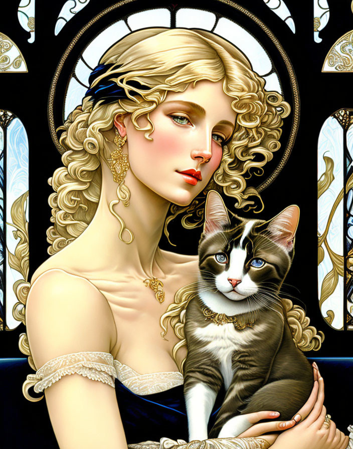 Blonde woman with cat in Art Nouveau setting