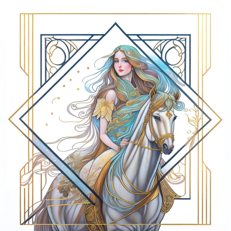 Ethereal woman on white horse with intricate geometric designs