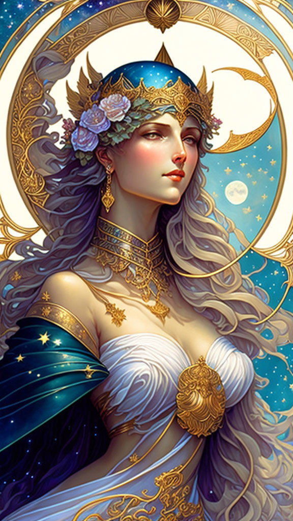 Fantastical woman with silver hair, crown, and celestial jewelry.