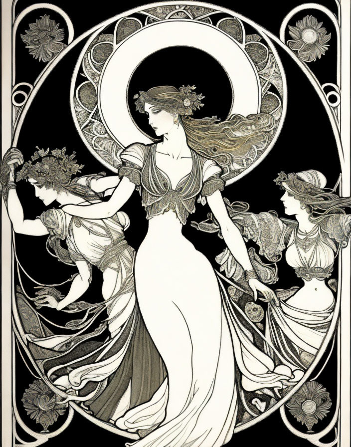 Elegant woman in Art Nouveau style dress with cherub figures and floral motifs