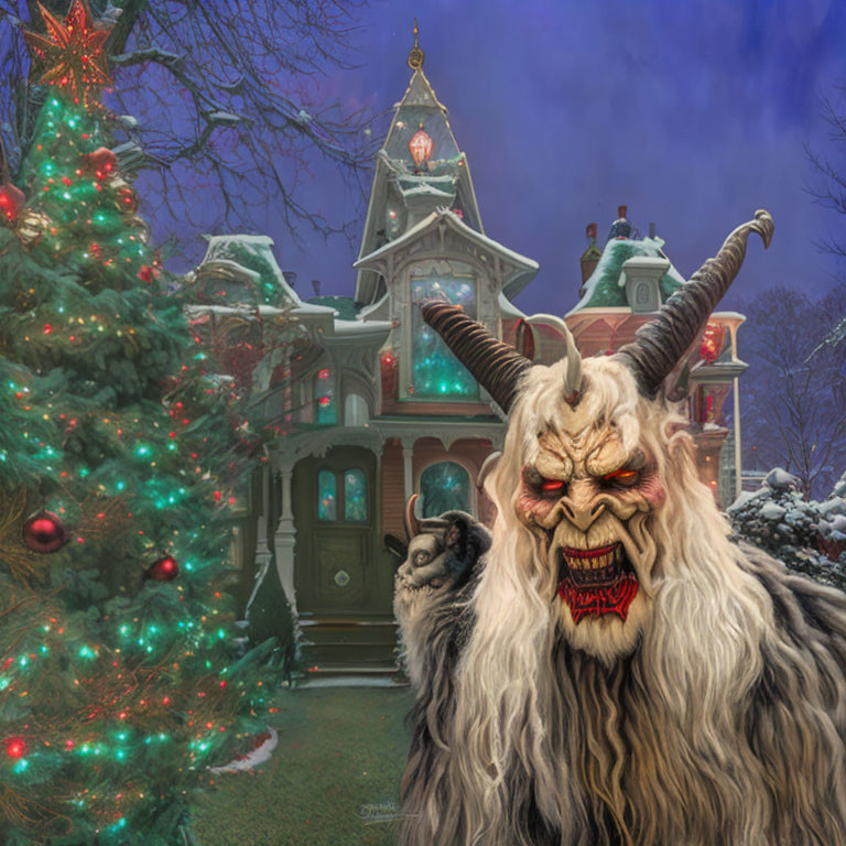 Menacing Krampus Figure by Decorated Christmas Tree