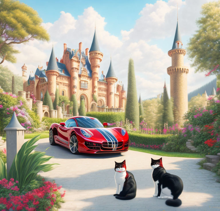 Illustration of two cats, red sports car, cobblestone path, and enchanting castle in