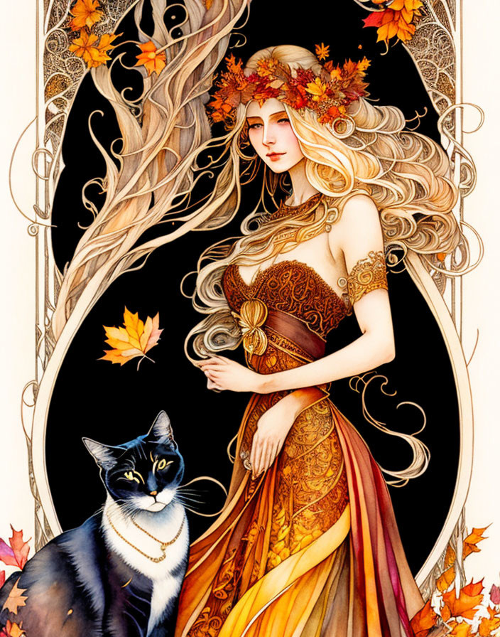 Blonde woman with autumn leaves in flowing dress beside a cat in an Art Nouveau style border