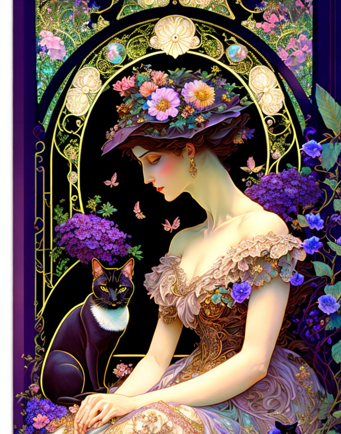 Stylized artwork of woman with floral hat and black cat among vibrant flowers