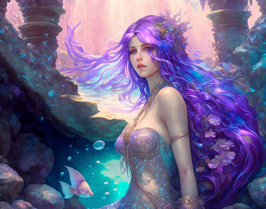 Fantasy Artwork: Woman with Purple Hair, Aquatic Life, Pink & Blue Background