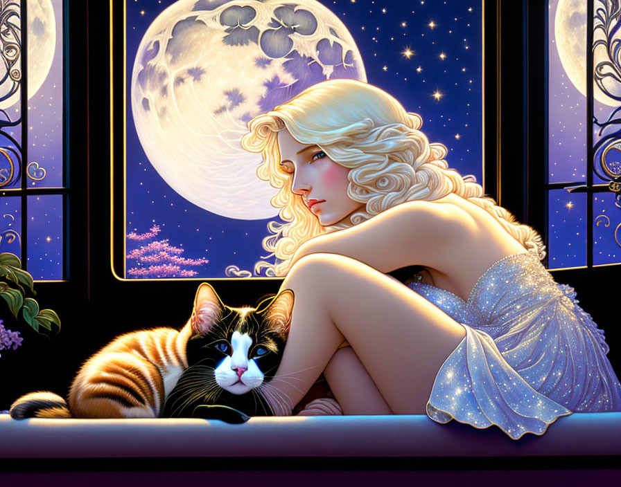 Blonde woman in blue dress near window with full moon and cat