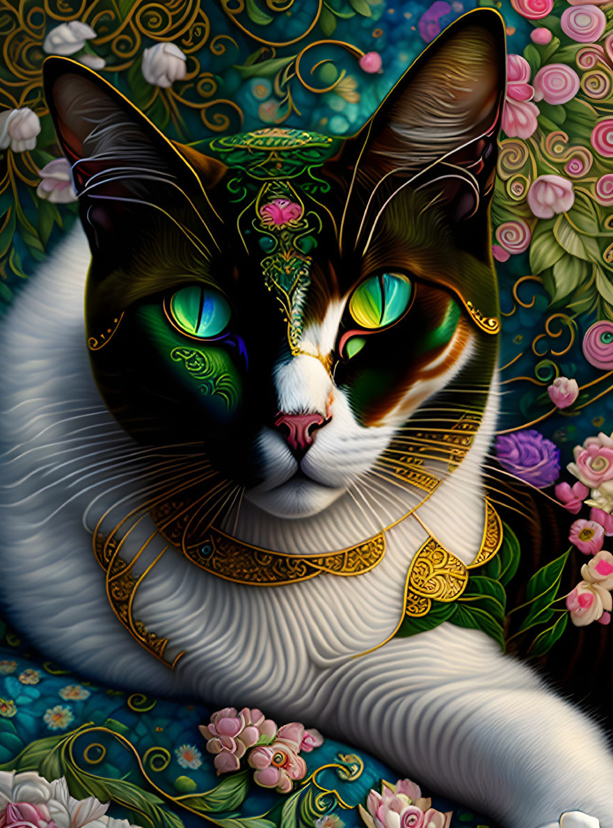 Intricately illustrated cat with gold patterns on floral background