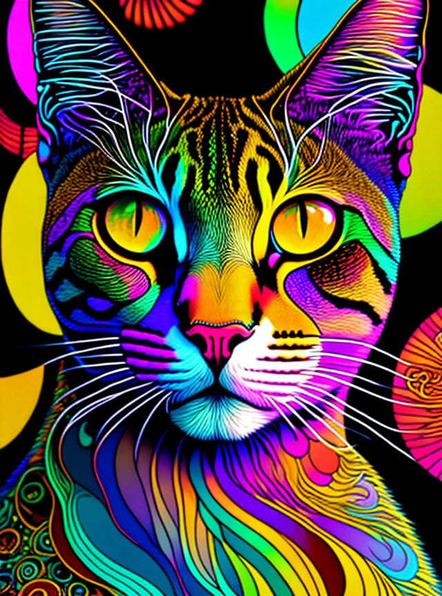 Colorful Psychedelic Cat Illustration in Neon Colors