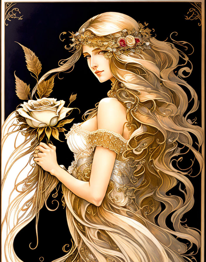 Fantasy style illustration of a woman with golden hair and floral headpiece