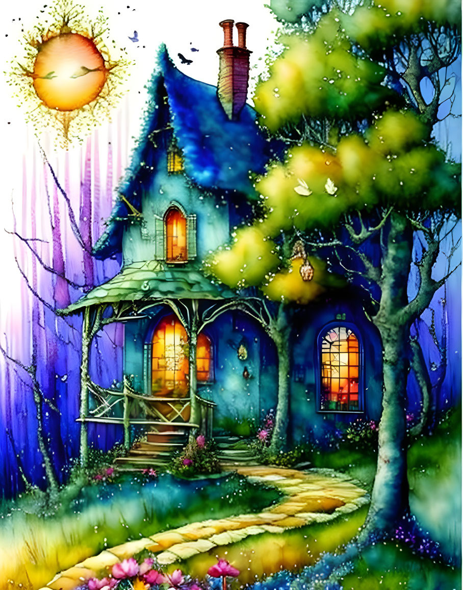 Illustration of cozy blue cottage in lush garden at sunset