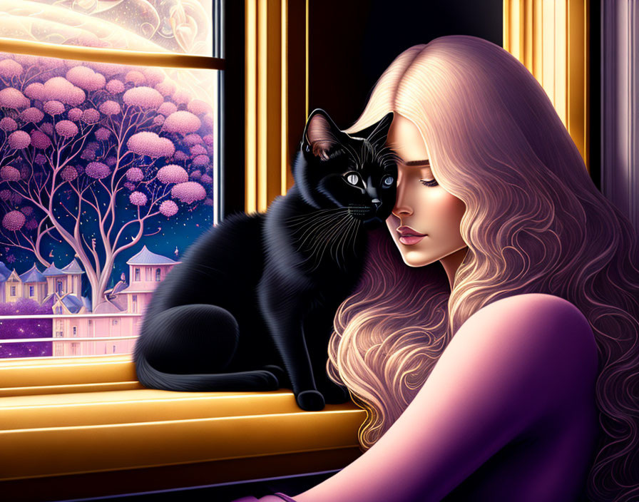 Blonde woman with black cat by window overlooking purple trees at twilight