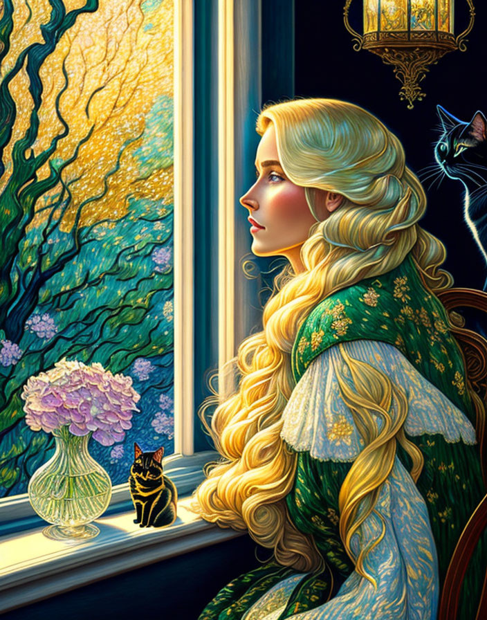 Blonde woman by window with cats and hydrangeas in Van Gogh-inspired setting