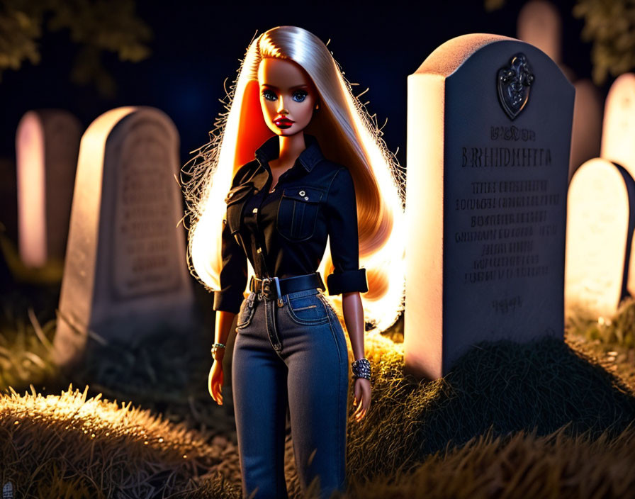 Blonde-haired doll in black outfit in dimly lit graveyard at dusk