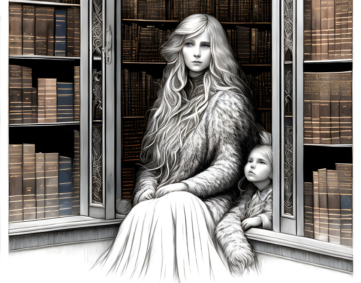 Monochromatic illustration of woman and child by window with bookshelves