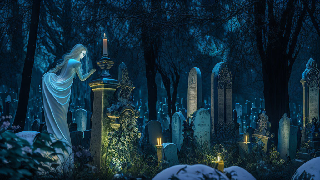 Ghostly Figure in White by Tombstone in Moonlit Cemetery