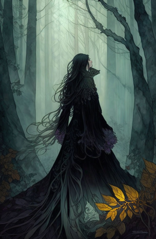 Woman in black gown in misty forest with golden butterfly on leaf