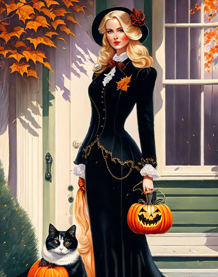 Woman in vintage dress with autumn leaves, black cat, and pumpkin.