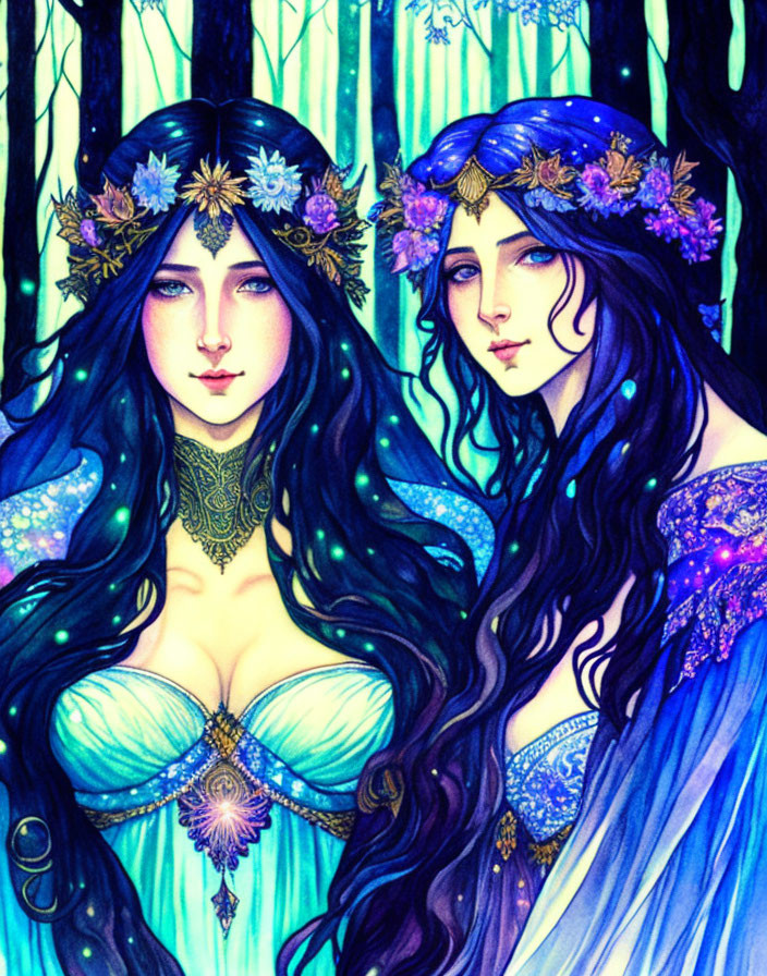 Ethereal women with long wavy hair in mystical blue forest