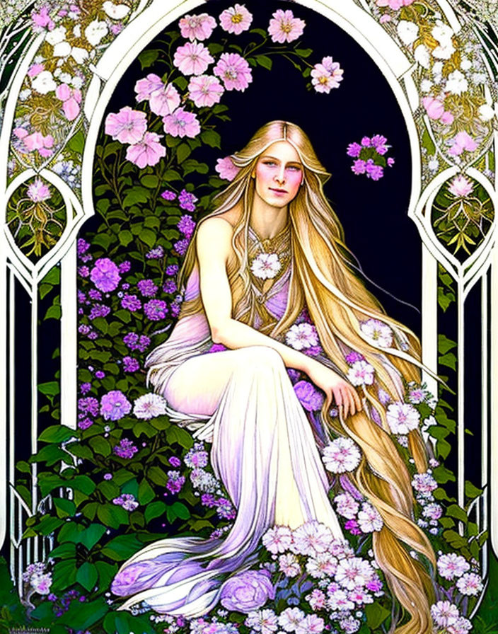 Ethereal figure with long hair in gothic archway surrounded by flowers.